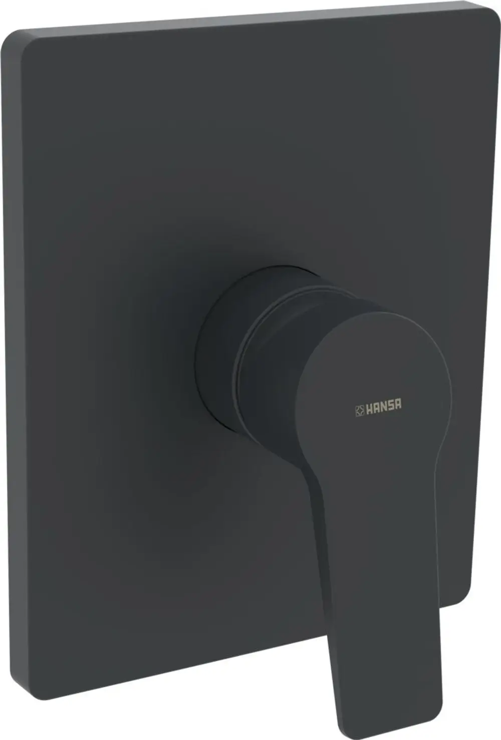 Einhebelmischer in Matt-Schwarz von HANSA mit eckiger Rosette, geeignet für eine Brause-Batterie, zeigt eine klare, funktionale Formensprache.